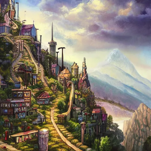 Prompt: fantasy stream punk dense city built into the side of a large mountain. houses and shops line the switchback roads along the mountain side. high quality, realistic oil painting