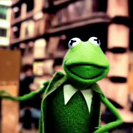 Image similar to polaroid shot of kermit the frog in the movie the matrix