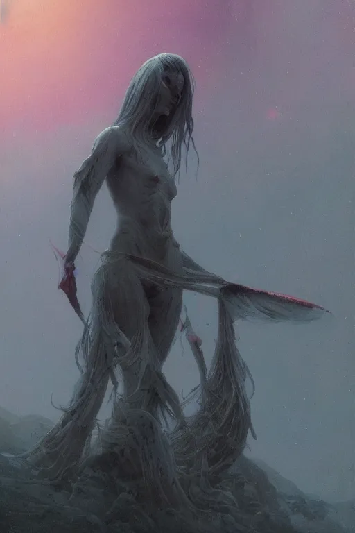 Image similar to Concept art for Aurora new single, Artemis painted by Wayne Barlowe, Greg Rutkowski, zdislav beksinski, Francis Bacon, trending on artstation, artstationHD, artstationHQ, 4k, 8k