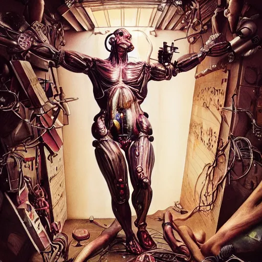 Prompt: the blasphemous caricature of the human body, cyborg, hyperealistic detailed photography, divinity, awful, religious art, cyberpunk