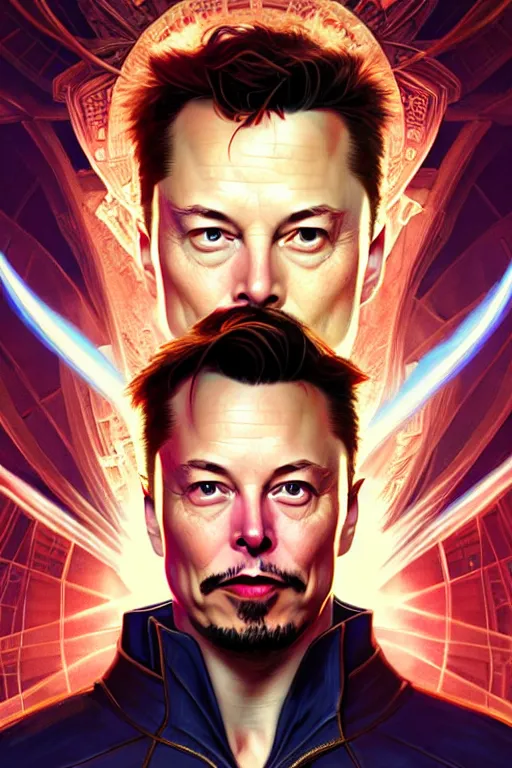 Image similar to elon musk as dr strange, realistic portrait, symmetrical, highly detailed, digital painting, artstation, concept art, smooth, sharp focus, illustration, cinematic lighting, art by artgerm and greg rutkowski and alphonse mucha