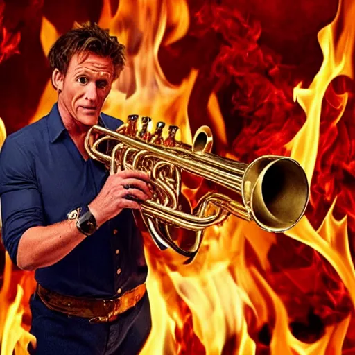 Image similar to gordan ramsay playing the saxaphone in hell surrounded by fire