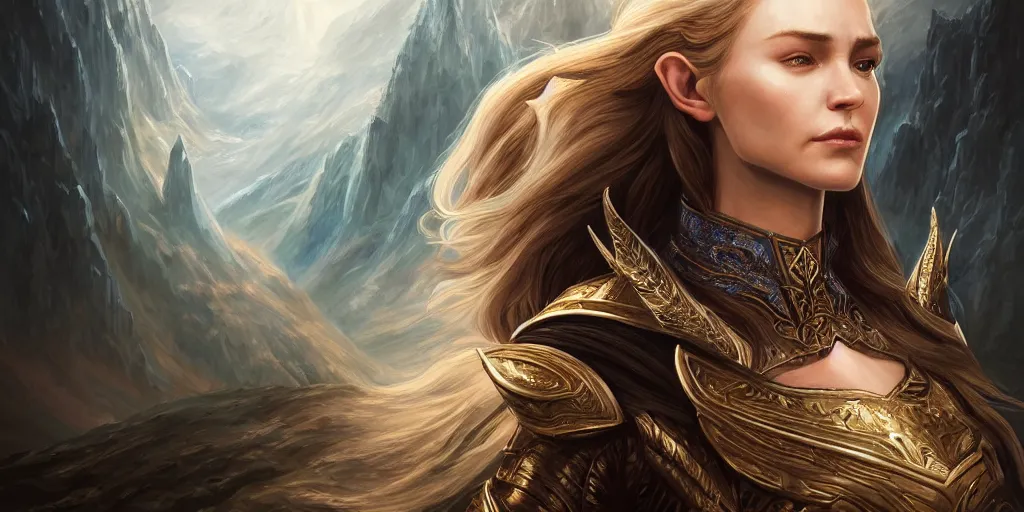 Image similar to Majestic and regal portrait of a riveting and awe inspiring female High Elf nobility, fantasy mountainous background, intricate, epic, elegant, menacing, fantasy, photo realistic, digital painting, hard focus, beautiful volumetric lighting, epic light, ultra detailed, by Leesha Hannigan, Ross Tran, Thierry Doizon, Kai Carpenter, Ignacio Fernández Ríos