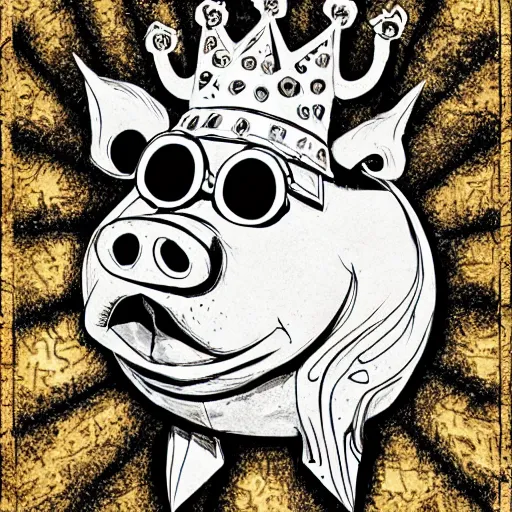 Image similar to black and white grunge cartoon sketch of a pig in a gold crown by - beeple , loony toons style, horror themed, detailed, elegant, intricate, outline