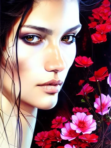 Image similar to a portrait of latina supermodel with a floral background by karol bak, artgerm, moebius, yoji shinkawa : : portrait, illustration, photorealism, hyperrealism