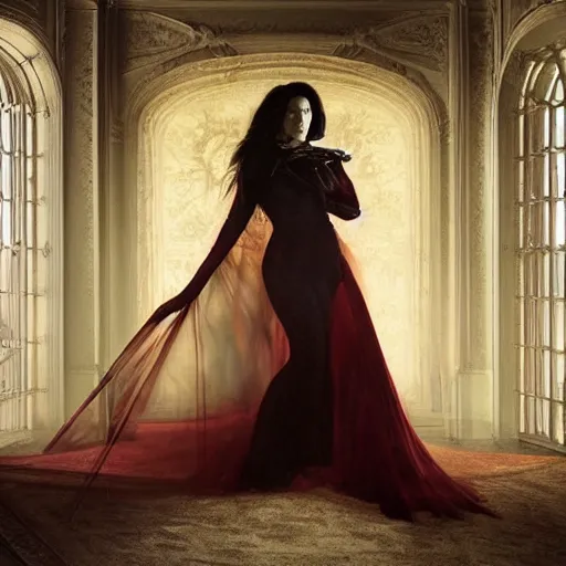 Image similar to majestic gracious regal aristocratic raven haired monica bellucci as the vampire pandora portrait, indoors, atmospheric lighting, painted, intricate, volumetric lighting, beautiful, rich deep colours masterpiece, sharp focus, ultra detailed, by leesha hannigan, ross tran, thierry doizon, kai carpenter, ignacio fernandez rios