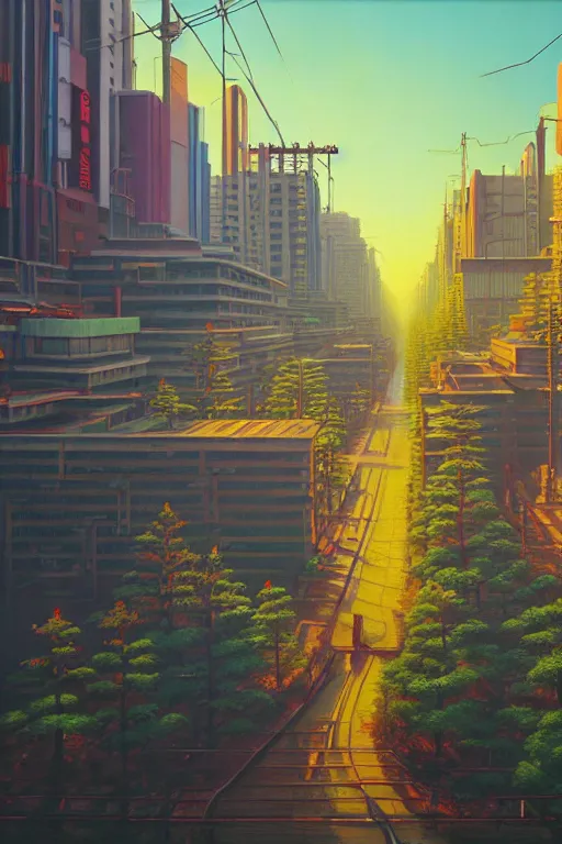 Image similar to downtown tokyo in a redwood solar punk vision, oil on canvas by klaus burgle, simon stalenhag, ultra - realistic 3 d depth shading