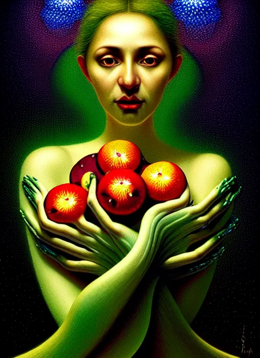 Image similar to hyper detailed 3d render like a Oil painting - Aurora (Singer) Eats of the Strangling Fruit of penance open eyes and Her Hands full of gossamer polyp blossoms bring iridescent fungal flowers whose spores black the foolish stars by Jacek Yerka, Mariusz Lewandowski, Houdini algorithmic generative render, Abstract brush strokes, Masterpiece, Edward Hopper and James Gilleard, Zdzislaw Beksinski, Mark Ryden, Wolfgang Lettl, hints of Yayoi Kasuma, octane render, 8k