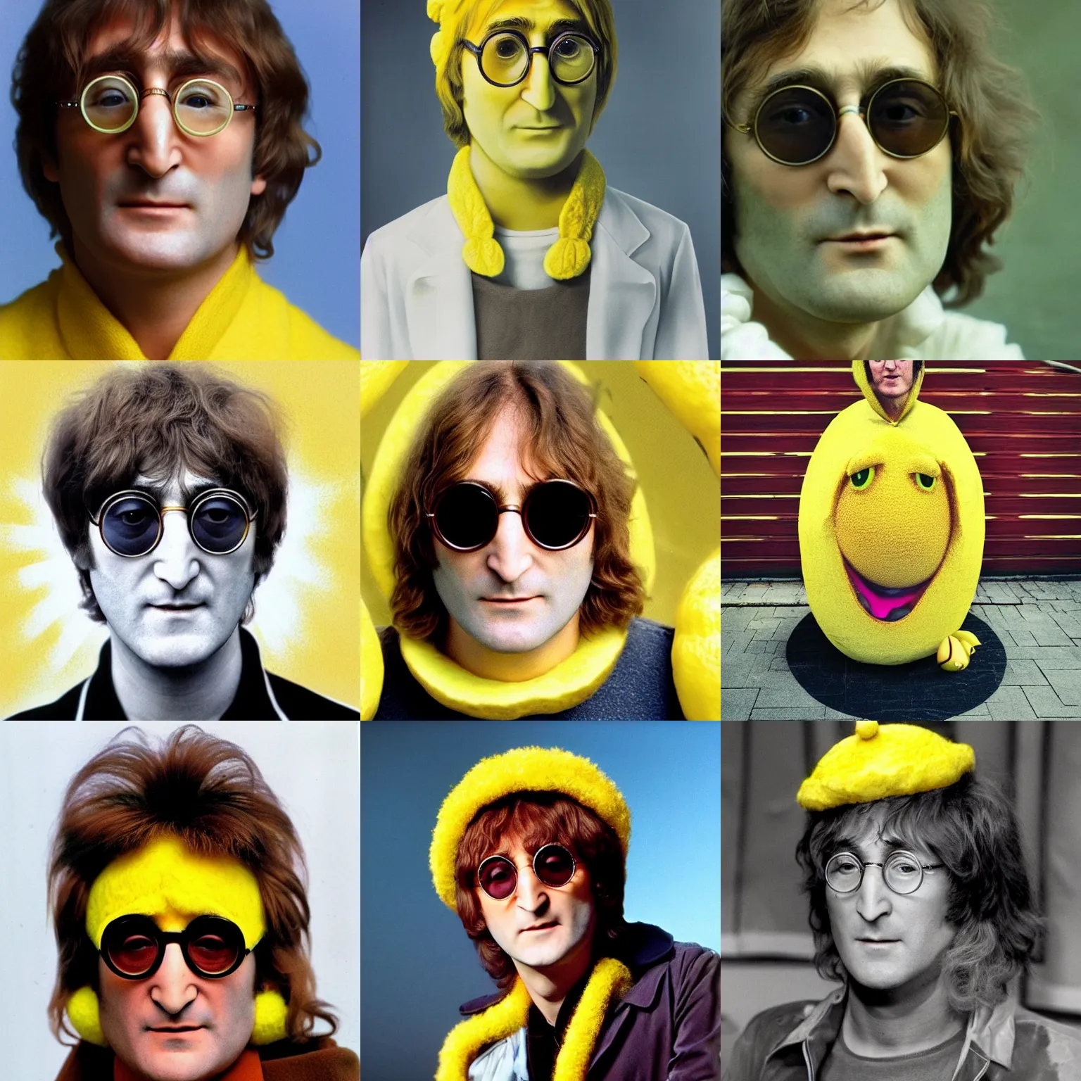 Image similar to john lennon inside a lemon costume, ultra realistic, highly detailed, colorized, 4 k