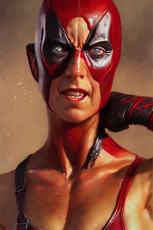 Image similar to muscular sweat girl wearing deadpool costume, covers with mud exhausted face close up, highly detailed painting by gaston bussiere, craig mullins, j. c. leyendecker 8 k