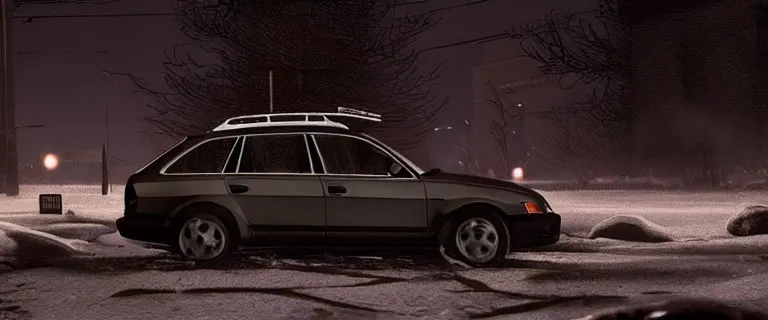 Image similar to Audi A4 B6 Avant (2002), a gritty neo-noir, dramatic lighting, cinematic, eerie person, death, homicide, homicide in the snow, gunshots, establishing shot, extremely high detail, photorealistic, cinematic lighting, artstation, by simon stalenhag, Max Payne (PC) (2001) winter New York at night, In the style of Max Payne 2 graphic novel, flashing lights, Poets of the Fall - Late Goodbye
