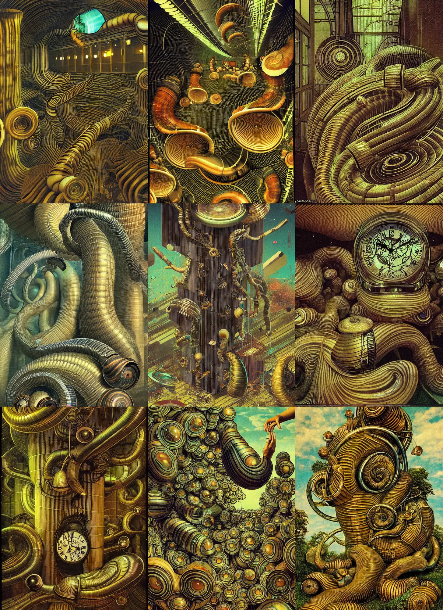 Prompt: she has scanlines supersede slick chrome grandfather clocks flowing ((hans thoma)) caustically (((beeple))) between giant snails of phantasmagorical corrugated pipe people that drift and dance to dropped beats and mashed pot pits