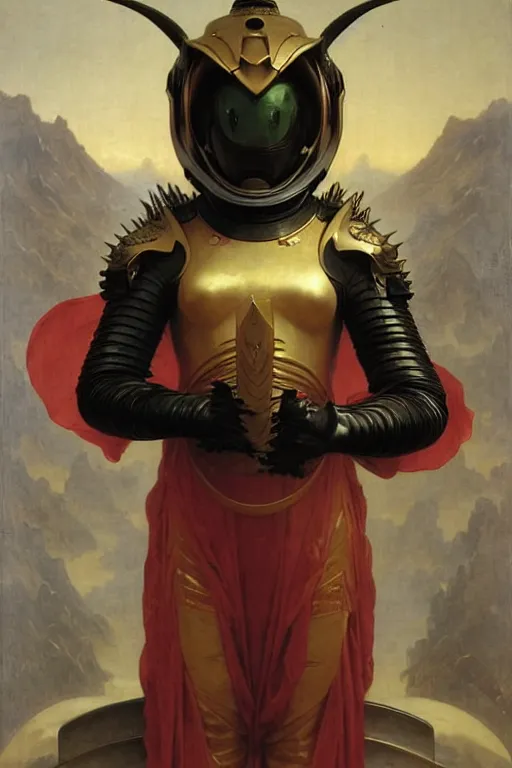 Image similar to portrait of a evil dragon astronaut with chinese dragon armor and helmet, majestic, solemn, by bouguereau