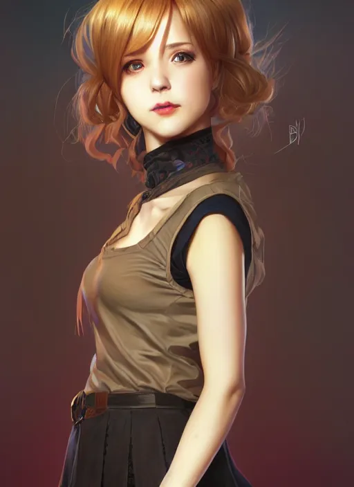 Image similar to portrait of a full body of beautiful young female detective, d & d, sleeveless turtleneck, pleated skirt, fantasy, flat lighting, intricate, highly detailed, digital painting, artstation, concept art, smooth, sharp focus, illustration, misa amane, art by simon bisley and greg rutkowski and alphonse mucha, natural tpose