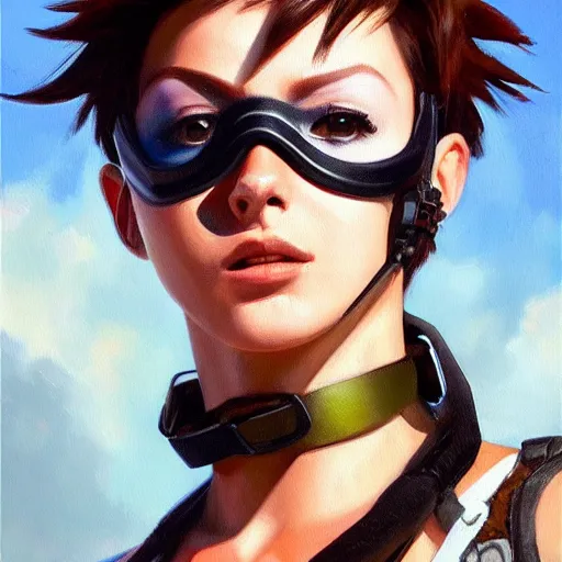 Image similar to oil painting of tracer overwatch in a field wearing tall steel choker around neck, in style of mark arian, expressive face, detailed face, detailed eyes, full body, feminine face, tracer overwatch,