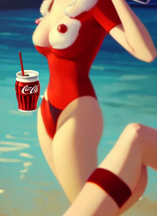 Image similar to full body picture of a extremely beautiful and attractive and cute and aesthetic girl drinking a coke, highly detailed face, very thirsty, dripping on the body, sharp focus, shiny day on the beach, specular reflection, occlusion shadow, trending on artstation, epic light novel cover art, art by ilya kuvshinov and sakimichan and jeremy lipking