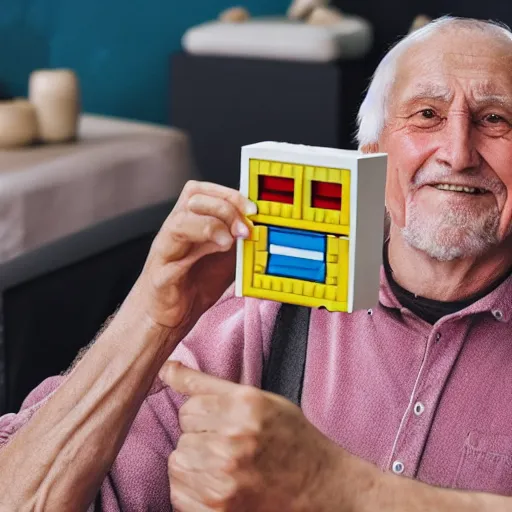 Prompt: an old man holding up a lego figure to the camera