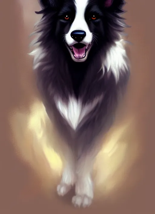 Prompt: wide angle beautiful full body portrait of a cute male anthropomorphic anthro border collie fursona, character design by charlie bowater, henry asencio, and ross tran, furry art, furaffinity, beautiful, glamor pose, detailed, aesthetic, trending on artstation