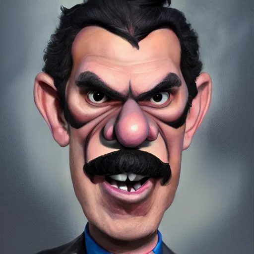 Image similar to caricature, claymation, luis guzman as waluigi, painted by tom lovell, wlop, artgerm, dishonored 2,