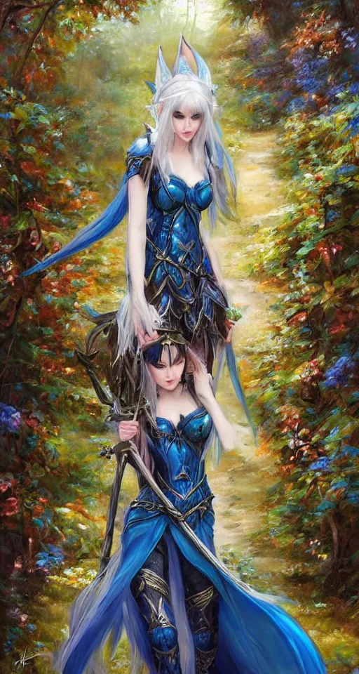 Image similar to Gothic elf princess in blue dragon armor on a misterious forest by Konstantin Razumov