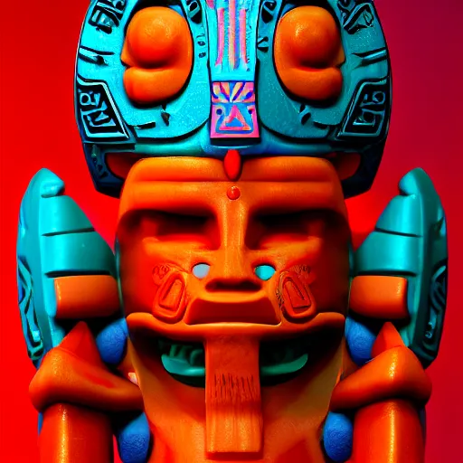 Image similar to closeup 3 d toy maori aztec god as funco toy, plastic, sss, octane 4 k render, studio lighting, artstation, cyan photographic backdrop, 1 0 5 mm, f 2. 8 aperture