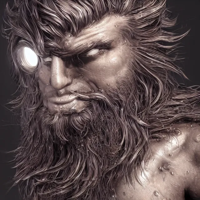 Image similar to realistic, dark hairy handsome man, love, joy, complex cybernetic beings, glowing hair, vortexes, large array, ornate hair, 3 d model, fish eye, round form, cinematic light shadows, wet hdr refractions, insanely detailed rendering, artstation, 8 k, * * * * *