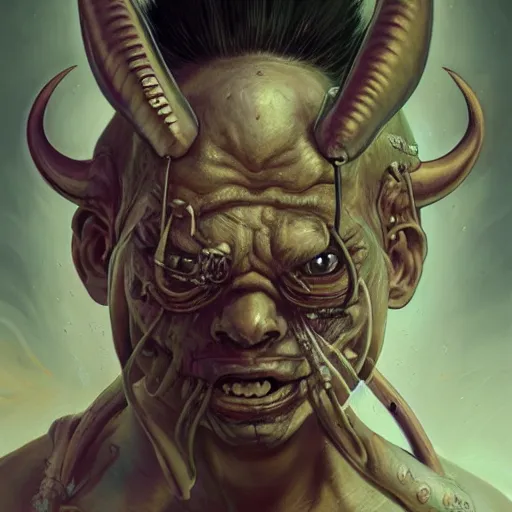 Image similar to portrait, cyberpunk japanese oni demon with horns, stern expression, long hair, highly detailed, digital painting, artstation, concept art, smooth, sharp focus, illustration, artgerm, tomasz alen kopera, peter mohrbacher, donato giancola, joseph christian leyendecker, wlop, frank frazetta