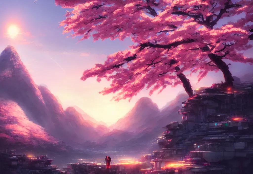 Prompt: sakura lit by the sun stands on a mountain from behind cyberpunk city, cinematic view, concept art, high detail, 4 k, by jordan grimmer, art greg rutkowski