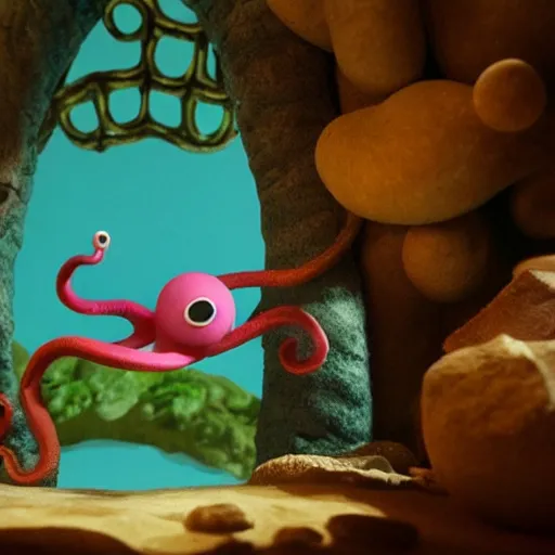 Image similar to claymation aardman animation of a octopus, beautiful ambient light