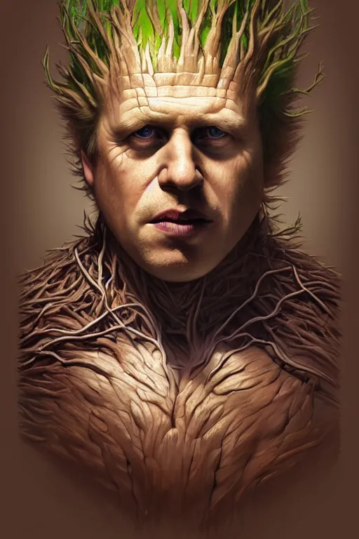 Image similar to Boris Johnson as Groot, realistic portrait, symmetrical, highly detailed, digital painting, artstation, concept art, smooth, sharp focus, illustration, cinematic lighting, art by artgerm and greg rutkowski and alphonse mucha