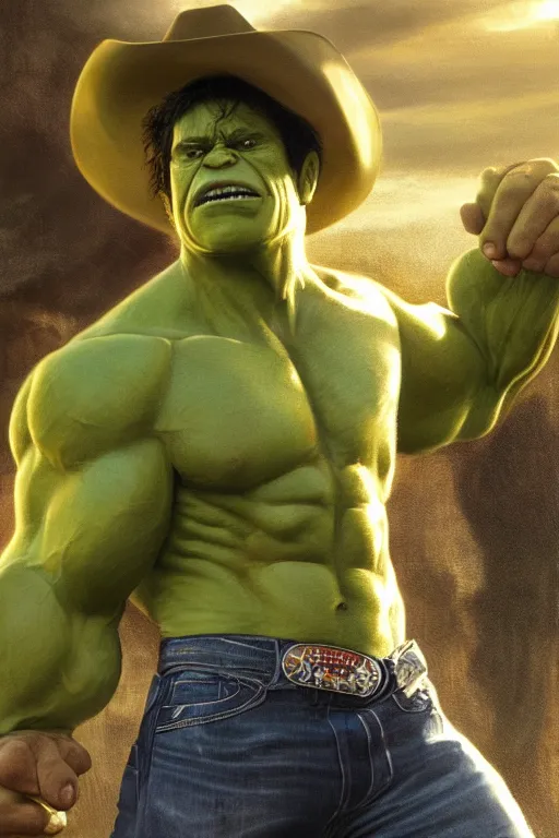 Film Still of Hulk wearing a cowboy hat, oil on | Stable Diffusion
