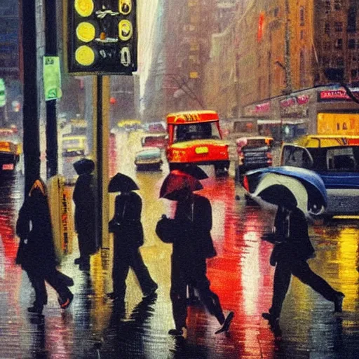 Prompt: a busy crosswalk on a rainy street in new york in the 1 9 6 0 ‘ s with lots of people walking around at night with advertisement neon lights on the buildings around it, painting eugene de la croix high detail, smooth, beautiful, aesthetic,