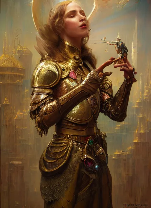 Image similar to hyper realistic knight casting a spell, refined details, denoised, birds eye view, magical, gems, jewels, gold, steampunk, cyberpunk utopia, painted by tom bagshaw, mucha, gaston bussiere, craig mullins, j. c. leyendecker 8 k