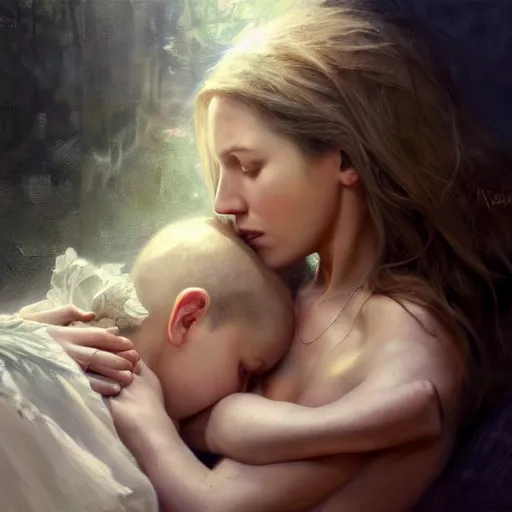 Image similar to epic masterpiece of cinematographic hyperrealism where a heart of love appears inside the heart there is a mother hugging her son. realistic shaded lighting poster by craig mallismo, artgerm, jeremy lipkin and michael garmash, unreal engine, radiant light, detailed and intricate environment, digital art, art station trends