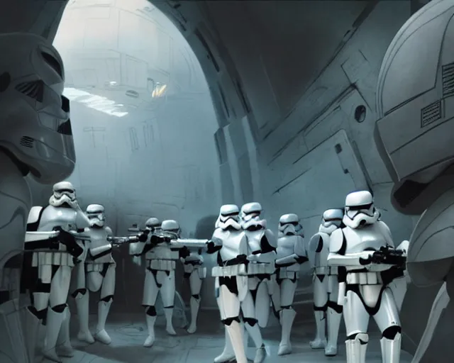 Image similar to the most amazing dream you ever had about stormtroopers, star wars, hyper realistic, ambient lighting, concept art, intricate, hyper detailed, smooth, volumetric lighting, george lucas, ralph mcquarrie, octane