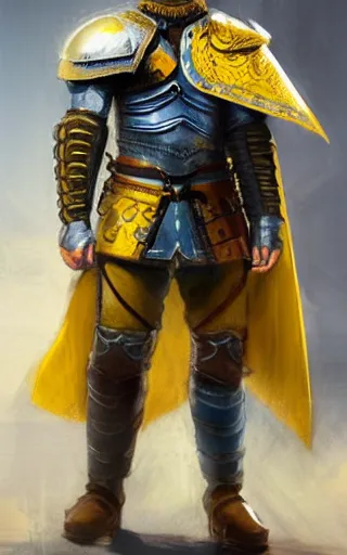 Image similar to highly detailed concept art of a rugged young knight with blonde hair and blue eyes and a short beard wearing a blue shirt over chain mail and steel pauldrons and a yellow cape and leather boots, concept art by Greg Rutkowski, realistic, masterpiece, ArtStation