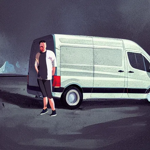 Prompt: a frowning creative director in front of a sprinter van, illustration by jordan grimmer and greg rutkowski