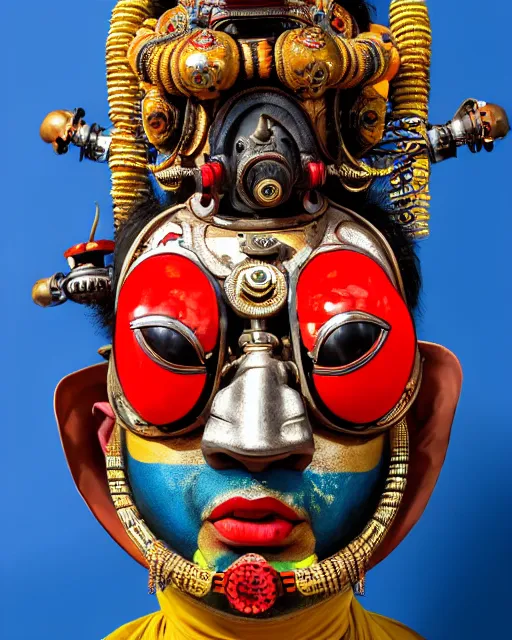 Image similar to photo of a Dramatic Kathakali male character with painted face wearing futuristic MadMax style steampunk goggles and accessories in the style of stefan kostic, full body, realistic, sharp focus, symmetric, 8k high definition, insanely detailed, intricate, elegant, art by stanley lau and artgerm, Hajime Sorayama, William-Adolphe Bouguereau