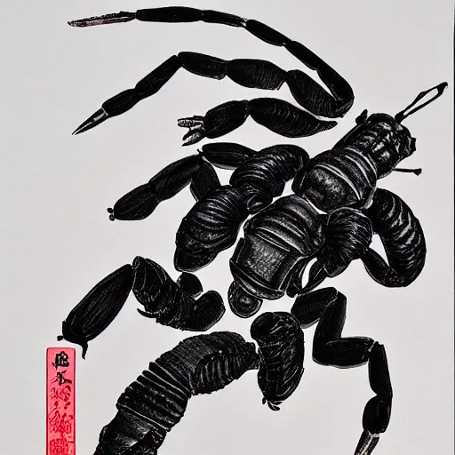 Prompt: scorpion red white and black drawn by Shuichi Shigeno and Michiharu Kusunoki pen ink drawing