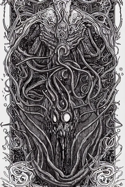 Image similar to ancient eldritch horror, mind flayer, illithid, concept art, digital art, tarot card, highly detailed, ornate border, in the style of dungeons and dragons, old school