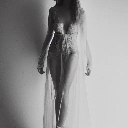 Prompt: sheer dress with plunging neckline and lace sleeves. award-winning fashion photography. intimate and vulnerable lighting. 130mm bw photography.