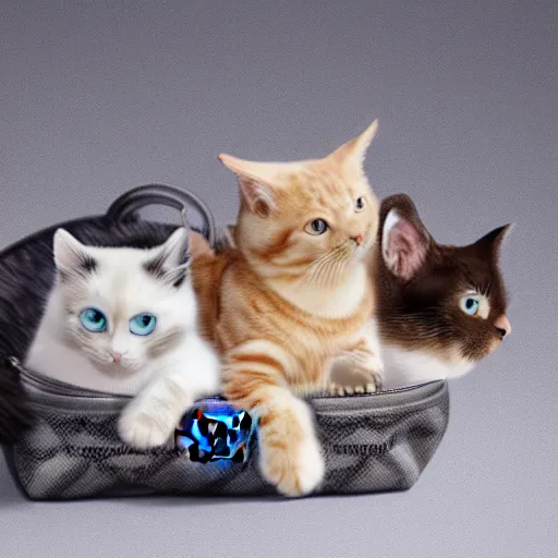 Image similar to a highly detailed photo of multiple furry cats, they are inside a big chanel bag, gray background, studio lighting, 4 k, 8 k