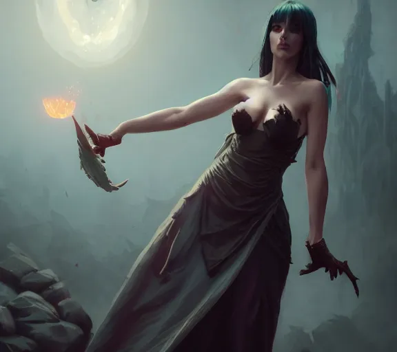 Image similar to morrigan aenslandcasting magic, a charming succubus, strapless dress, fantasy, d & d, by greg rutkowski and raymond swanland, sharp focus, trending on artstation, 8 k realistic digital art, cryengine, symmetric, sharp focus, concept art, frostbite 3 engine