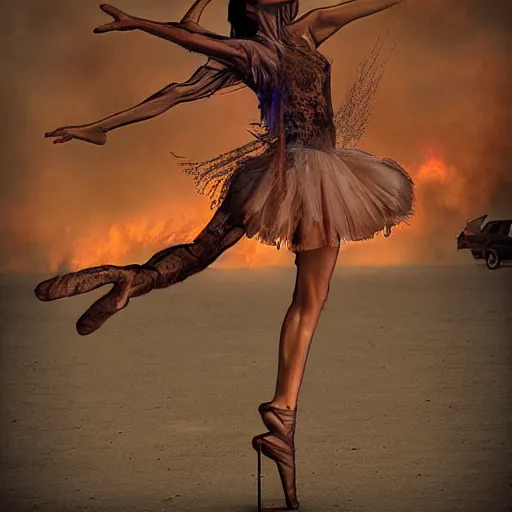 Image similar to burning man ballerina, digital art, post apocalyptic, fantasy