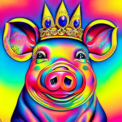 Prompt: lisa frank action pose pig wearing a gold crown holding pop can painting by android jones