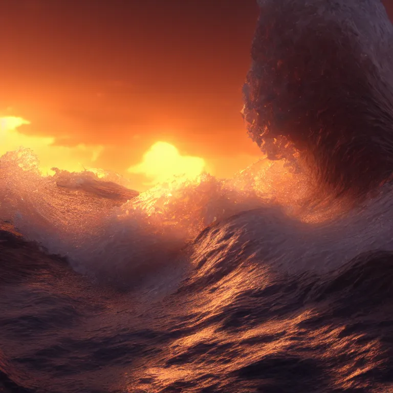 Prompt: a cinematic shot of an epic wave at sunset, octane render, volumetric lighting, nvidia raytracing demo, by Andy Thomas, Mario Martinez, Daniel Mirante, Gustave Dore, Artstation, CGsociety, masterpiece