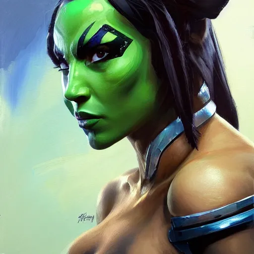 Image similar to greg manchess portrait painting of jade from mortal kombat as overwatch character, medium shot, asymmetrical, profile picture, organic painting, sunny day, matte painting, bold shapes, hard edges, street art, trending on artstation, by huang guangjian and gil elvgren and sachin teng