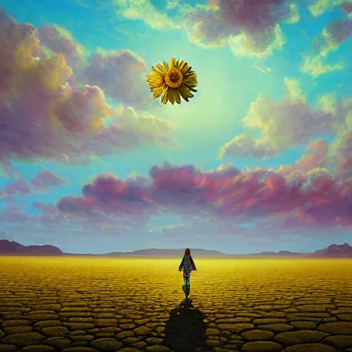 Image similar to giant daisy flower head, girl walking on salt flats mountains, surreal photography, sunrise, dramatic light, impressionist painting, colorful clouds, digital painting, artstation, simon stalenhag