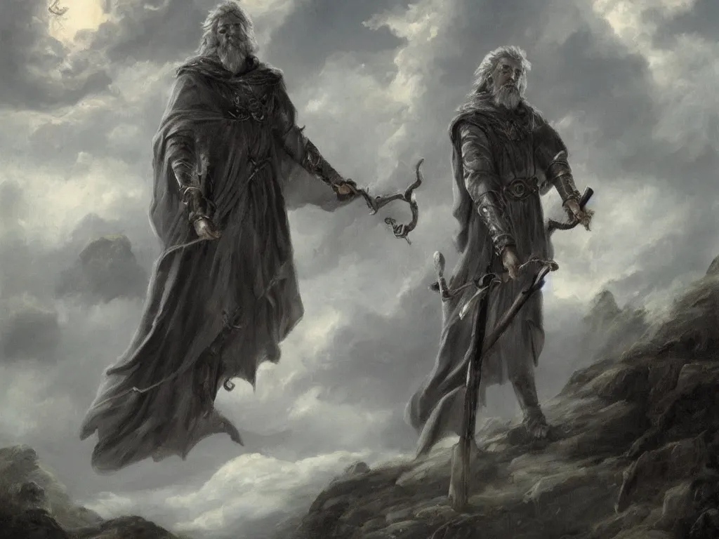 Prompt: Odin the wanderer in a grey cloak with his staff travelling walking on a path with clouds above him, neo-romanticism, norse mythology