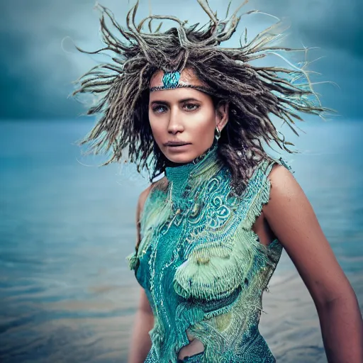 Image similar to a regal brown woman wearing an intricate and detailed armor made of blue and green ocean waves. waves crashing. ocean photography. layers. textures. delicate. translucent. studio portrait. photorealistic. octane render